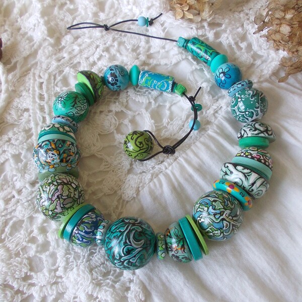 Hand Painted unique colorful wood beads necklace abstract in teal blue green eco friendly jewelry Leather statement jewelry boho fashion