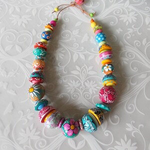 Unique Hand Painted colorful rainbow wood beads necklace yellow pink teal blue green Leather cord statement jewelry boho fashion ethno gift image 10