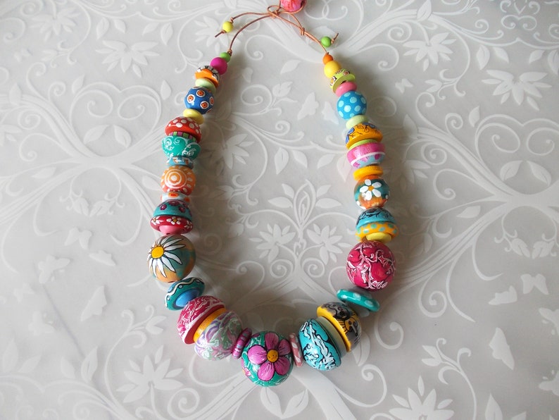 Unique Hand Painted colorful rainbow wood beads necklace yellow pink teal blue green Leather cord statement jewelry boho fashion ethno gift image 10