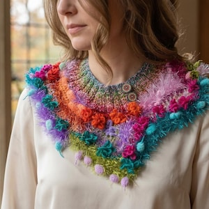 Rainbow Crochet Cowl Scarf Necklace, Asymmetric Boho Neck Warmer, Wearable Art with Matching Earrigs & Free Shipping