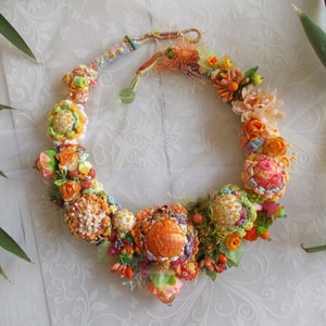 Summer flower fairy orange green fabric bib necklace crochet chunky floral jewelry fiber art boho lace fabric yarn beads spring gift image 10