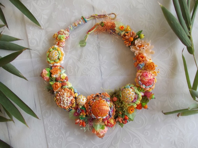 Summer flower fairy orange green fabric bib necklace crochet chunky floral jewelry fiber art boho lace fabric yarn beads spring gift image 10