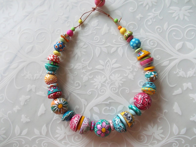 Unique Hand Painted colorful rainbow wood beads necklace yellow pink teal blue green Leather cord statement jewelry boho fashion ethno gift image 4