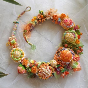 Summer flower fairy orange green fabric bib necklace crochet chunky floral jewelry fiber art boho lace fabric yarn beads spring gift image 8