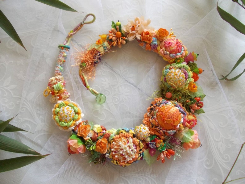 Summer flower fairy orange green fabric bib necklace crochet chunky floral jewelry fiber art boho lace fabric yarn beads spring gift image 8