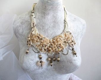 Vintage glamour crochet necklace with sea pearl beads brides bridesmaids statement boho neck piece Women's  unique Victorian elegant wedding