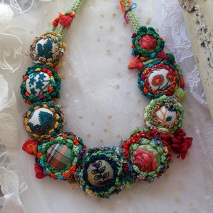 Colorful handmade crochet Christmas statement fiber necklace buttons unique bib fabric yarn flowers necklace emerald green red gift for her image 6