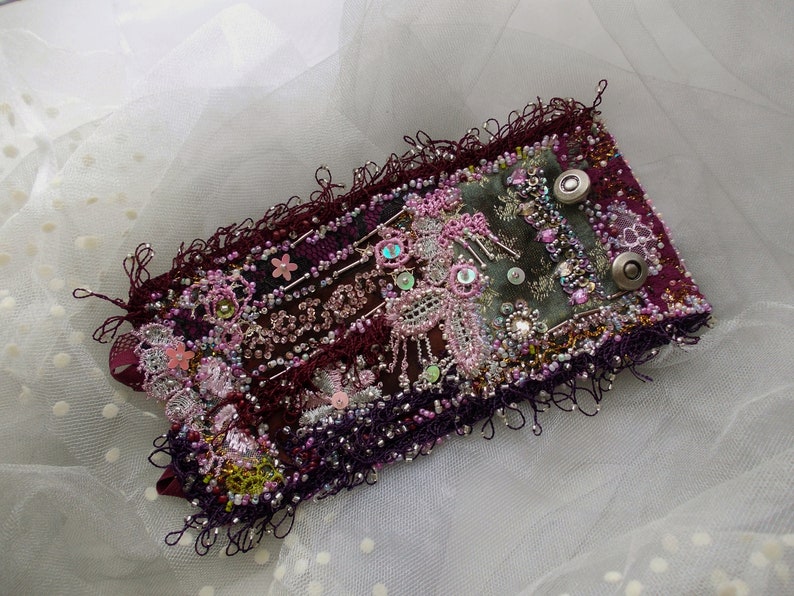 Burgundy pink collage wrist cuff hand beaded manually stitched image 6