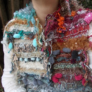 Boho Patchwork Fringe pom pom Neck Warmer, Unique Design, Handmade Artistic Knit Scarf with Decorative Buttons, Gift Earrings, Free Shipping