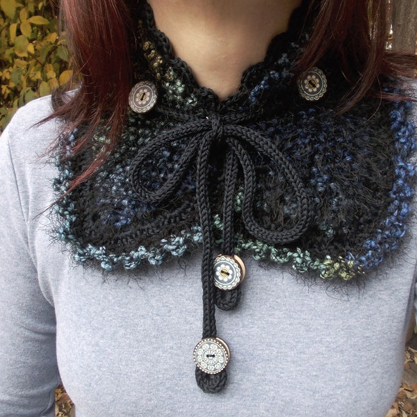 Black blue colorful neck warmer knit crochet collar winter fall autumn fashion lace boho cowl scarf decorative wooden buttons Christmas gift
