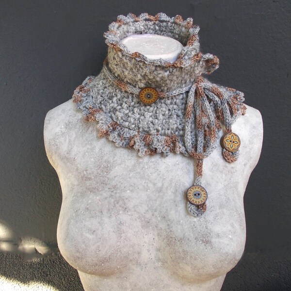 Neck warmer light gray beige knit crochet collar winter fall autumn fashion lace boho cowl scarf decorative wooden buttons Christmas gift