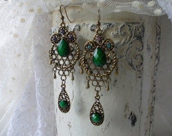 Emerald green chandelier filigree bronze dangle earrings boho oriental bronze vintage style statement long rustic statement jewelry