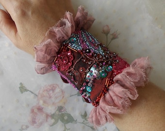 Hand beaded collage wrist cuff manually stitched bohemian bracelet burgundy pink turquoise cooper fabric textile ruffle unique jewelry gift