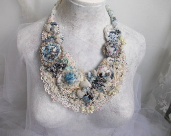 Boho crochet beaded textile necklace wedding jewelry vintage fairy bib fabric lace white blue bride bridesmaid beads gift Victorian flowers