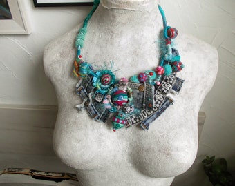 Jeans necklace with hand painted wooden beads Teal blue red colorful yarn pom pom fiber art boho statement hippie denim unique jewelry gift