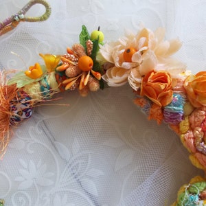 Summer flower fairy orange green fabric bib necklace crochet chunky floral jewelry fiber art boho lace fabric yarn beads spring gift image 7