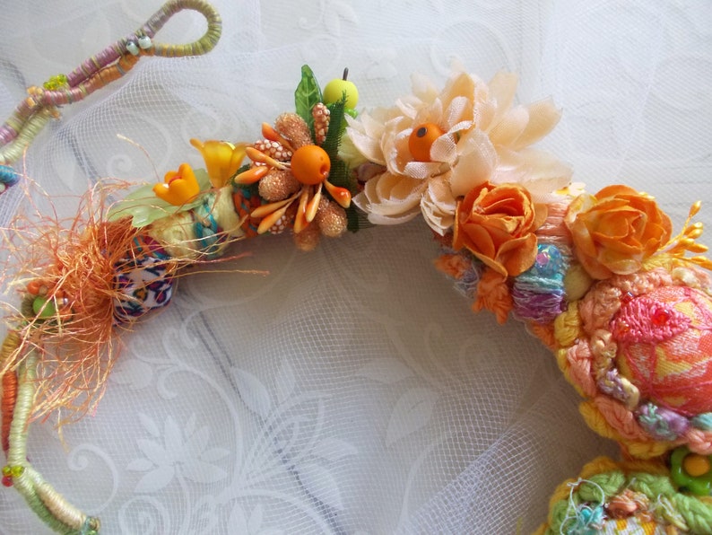 Summer flower fairy orange green fabric bib necklace crochet chunky floral jewelry fiber art boho lace fabric yarn beads spring gift image 7