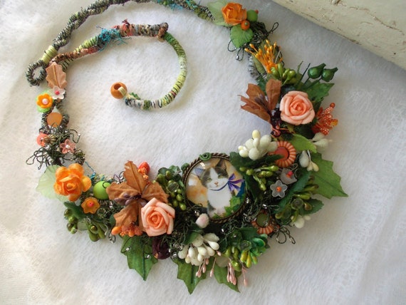 Cat Garden Bib Necklace Flowers Roses Orange Green Mori Girl Etsy