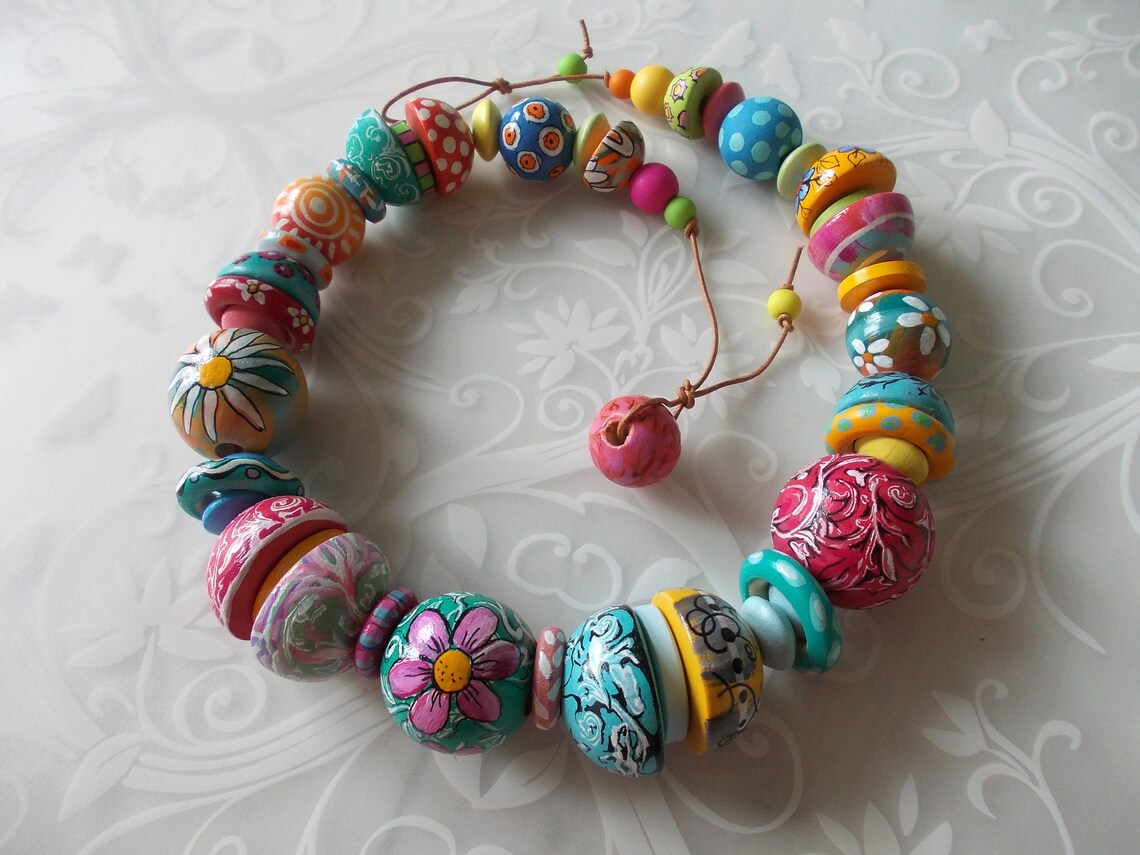 Unique Hand Painted Colorful Rainbow Wood Beads Necklace - Etsy