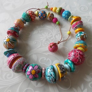 Unique Hand Painted colorful rainbow wood beads necklace yellow pink teal blue green Leather cord statement jewelry boho fashion ethno gift image 3