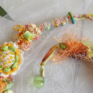 Summer flower fairy orange green fabric bib necklace crochet chunky floral jewelry fiber art boho lace fabric yarn beads spring gift image 4