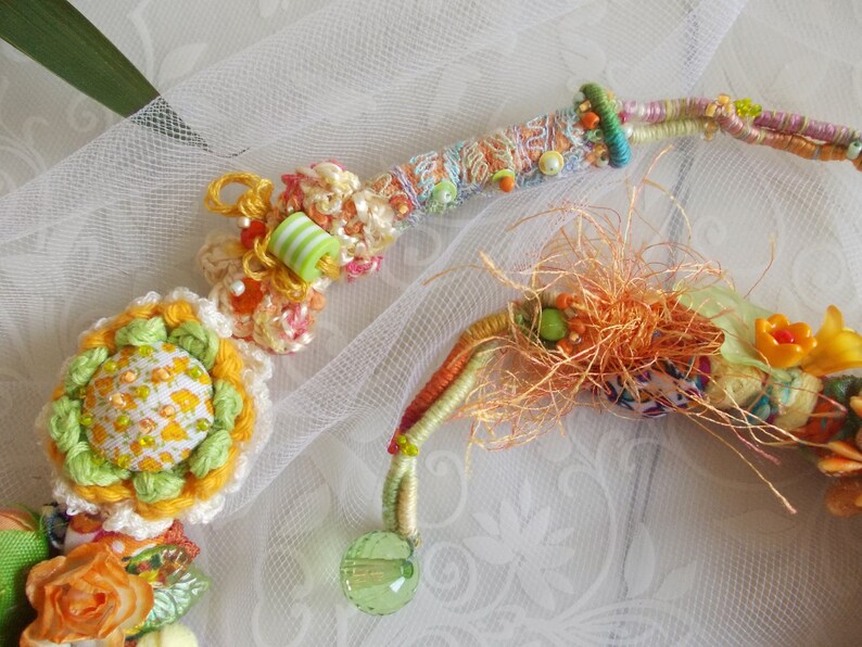 Summer flower fairy orange green fabric bib necklace crochet chunky floral jewelry fiber art boho lace fabric yarn beads spring gift image 4