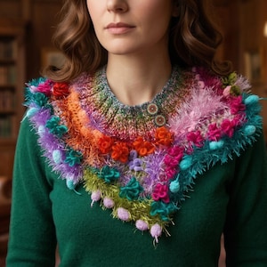 レインボークロシェカウルスカーフ＆ギフトイヤリング、ボヘミアンポンポンネックウォーマー、アートトゥウェア