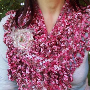 Crochet fringe scarf satin flower pin brooch spring summer fashion feminine shoulder cover boho unique handmade gift bridal accessories