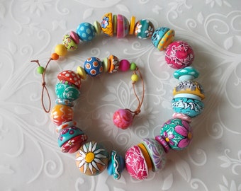 Unique Hand Painted colorful rainbow wood beads necklace yellow pink teal blue green Leather cord statement jewelry boho fashion ethno gift