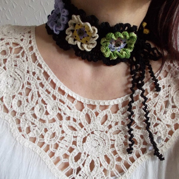 Black colorful crochet choker floral necklace Spring statement flowers fairy cotton yarn rainbow boho collar necklace unique jewelry gift