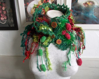 Shades of Green and Red Christmas fringe pom pom neck warmer Hand knit crochet boho Emerald colorful collar scarf retro wooden buttons gift