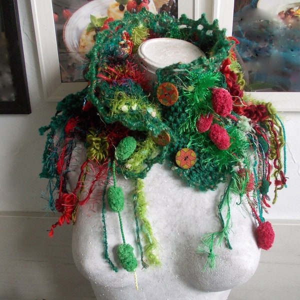 Shades of Green and Red Christmas fringe pom pom neck warmer Hand knit crochet boho Emerald colorful collar scarf retro wooden buttons gift