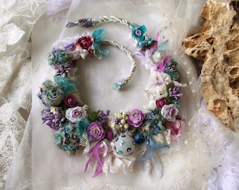 Romantic floral colorful fabric sewn beaded necklace white purple blue floral bohemian statement wedding brides bib flower jewelry roses