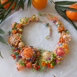 Summer flower fairy orange green fabric bib necklace crochet chunky floral jewelry fiber art boho lace fabric yarn beads spring gift image 2