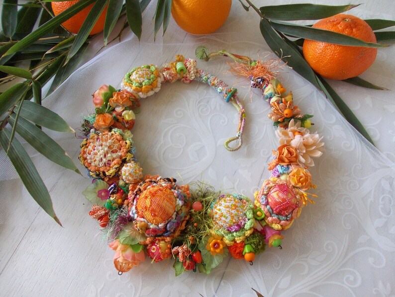 Summer flower fairy orange green fabric bib necklace crochet chunky floral jewelry fiber art boho lace fabric yarn beads spring gift image 2