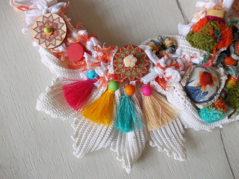 Vivid colorful ethnic crochet necklace boho chic rainbow vintage fabric cotton lace wooden button statement bib chunky jewelry fashion gift image 8