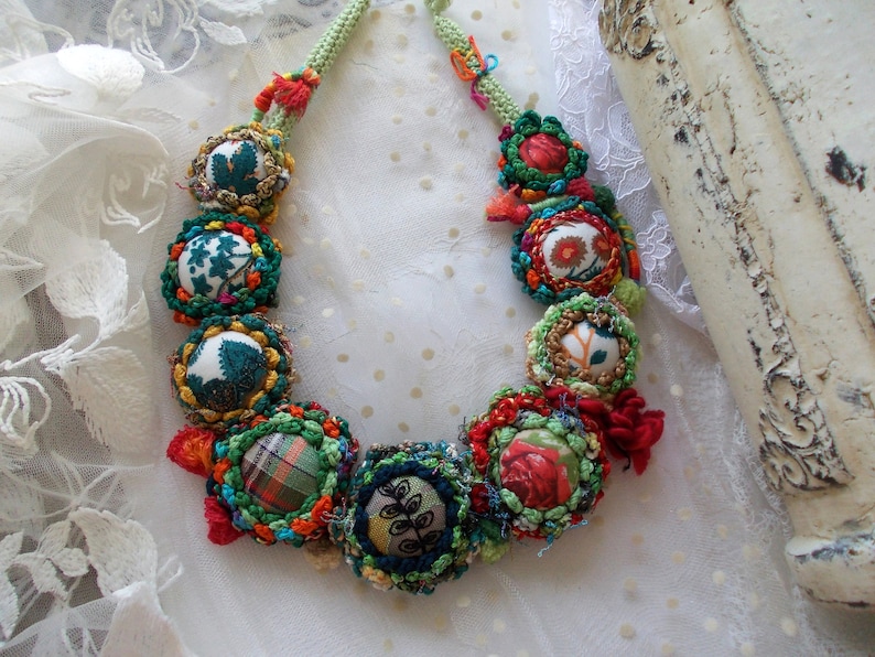 Colorful handmade crochet Christmas statement fiber necklace buttons unique bib fabric yarn flowers necklace emerald green red gift for her image 2