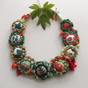 Colorful handmade crochet Christmas statement fiber necklace buttons unique bib fabric yarn flowers necklace emerald green red gift for her image 7