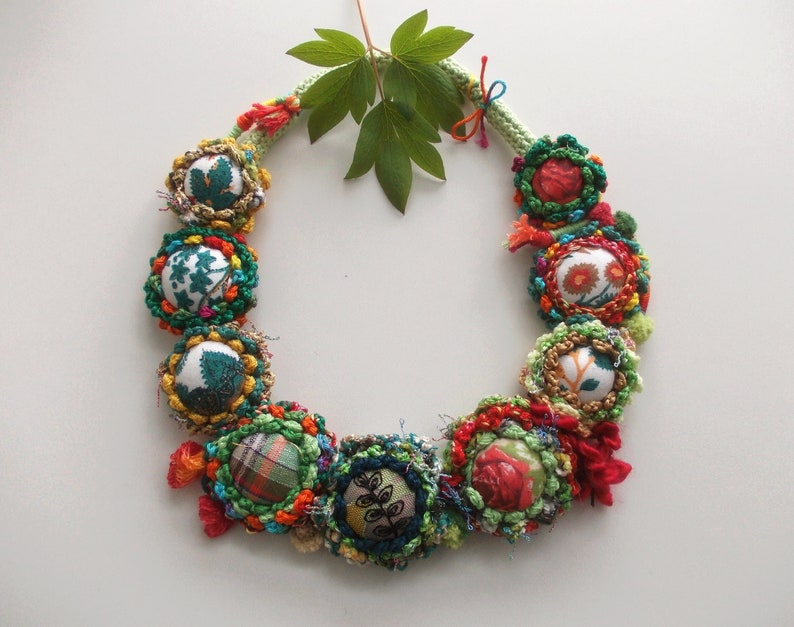 Colorful handmade crochet Christmas statement fiber necklace buttons unique bib fabric yarn flowers necklace emerald green red gift for her image 7