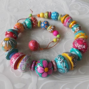 Unique Hand Painted colorful rainbow wood beads necklace yellow pink teal blue green Leather cord statement jewelry boho fashion ethno gift image 5