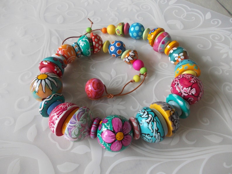 Unique Hand Painted colorful rainbow wood beads necklace yellow pink teal blue green Leather cord statement jewelry boho fashion ethno gift image 5