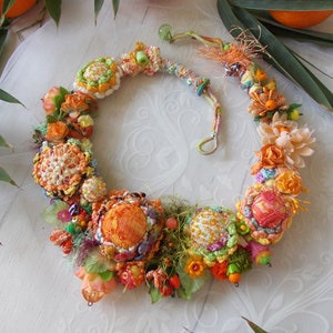 Summer flower fairy orange green fabric bib necklace crochet chunky floral jewelry fiber art boho lace fabric yarn beads spring gift image 1
