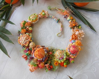 Summer flower fairy orange green fabric bib necklace crochet chunky floral jewelry fiber art boho lace fabric yarn beads spring gift