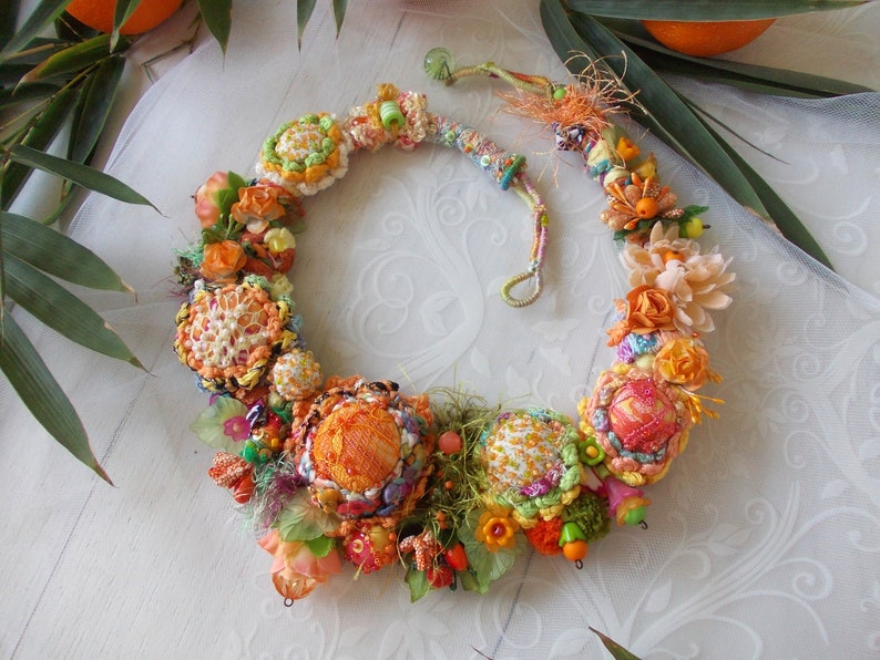 Summer flower fairy orange green fabric bib necklace crochet chunky floral jewelry fiber art boho lace fabric yarn beads spring gift image 1