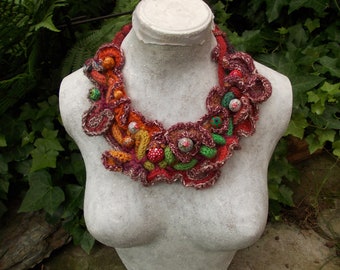 Crochet colorful bib necklace with hand painted wooden beads statement fiber necklace rustic unique Autumn jewelry OOAK gift for her