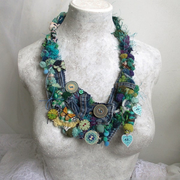 Casual necklace blue jeans wooden buttons beads yarn green chunky cotton fabric fiber jewelry bib necklace boho hippie vintage gift rocker