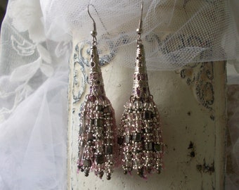 Discrete silver pink tassel earrings with beads...wedding jewelry, fairy boho earrings,delicate statement romantic trending dangle earrings.