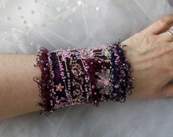 Burgundy pink collage wrist cuff hand beaded manually stitched boho colorful wrist wrap bracelet fabric Victorian lace jewelry unique gift