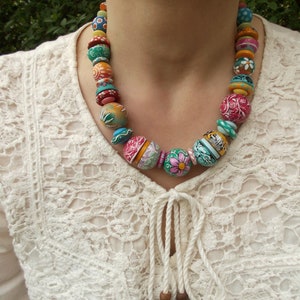 Unique Hand Painted colorful rainbow wood beads necklace yellow pink teal blue green Leather cord statement jewelry boho fashion ethno gift image 2