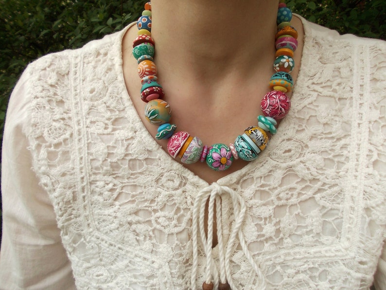 Unique Hand Painted colorful rainbow wood beads necklace yellow pink teal blue green Leather cord statement jewelry boho fashion ethno gift image 2